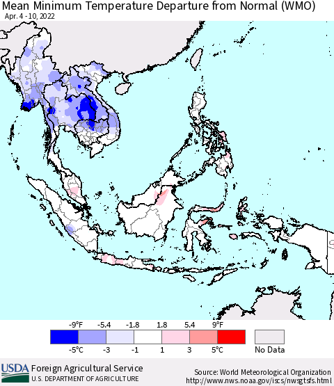 South East Asia Mean Minimum Temperature Departure from Normal (WMO) Thematic Map For 4/4/2022 - 4/10/2022