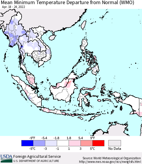 South East Asia Mean Minimum Temperature Departure from Normal (WMO) Thematic Map For 4/18/2022 - 4/24/2022