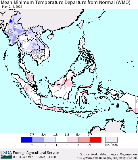 South East Asia Mean Minimum Temperature Departure from Normal (WMO) Thematic Map For 5/2/2022 - 5/8/2022