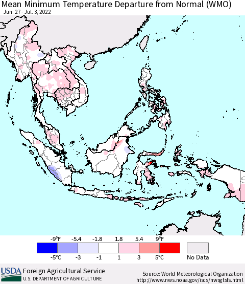 South East Asia Mean Minimum Temperature Departure from Normal (WMO) Thematic Map For 6/27/2022 - 7/3/2022