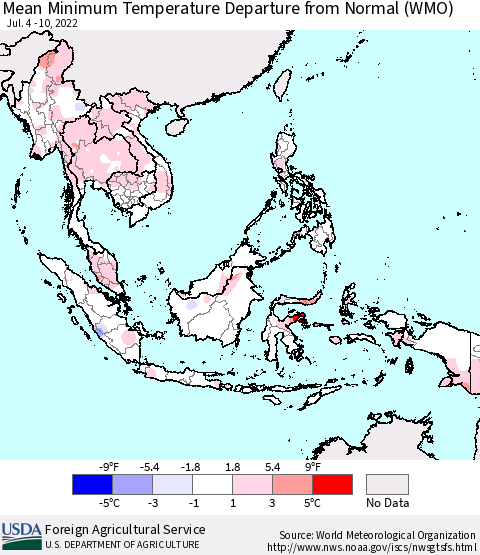 South East Asia Mean Minimum Temperature Departure from Normal (WMO) Thematic Map For 7/4/2022 - 7/10/2022