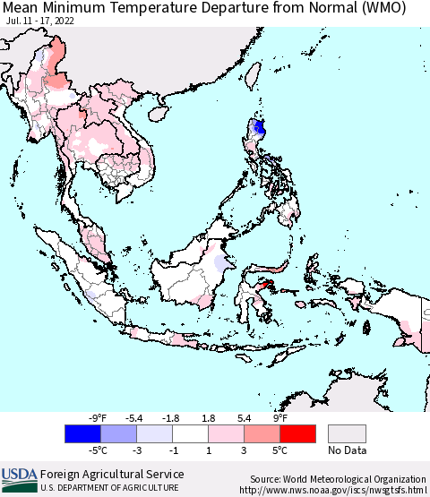 South East Asia Mean Minimum Temperature Departure from Normal (WMO) Thematic Map For 7/11/2022 - 7/17/2022