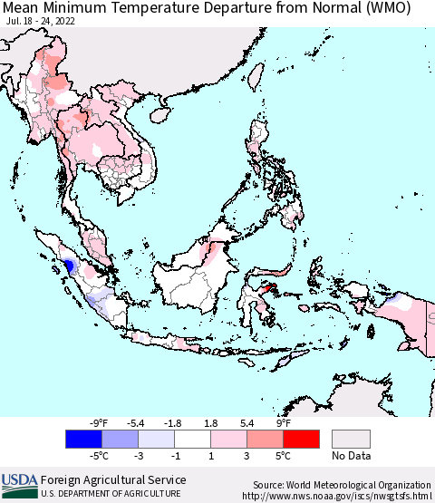 South East Asia Mean Minimum Temperature Departure from Normal (WMO) Thematic Map For 7/18/2022 - 7/24/2022