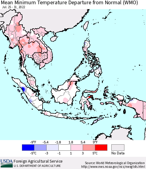 South East Asia Mean Minimum Temperature Departure from Normal (WMO) Thematic Map For 7/25/2022 - 7/31/2022