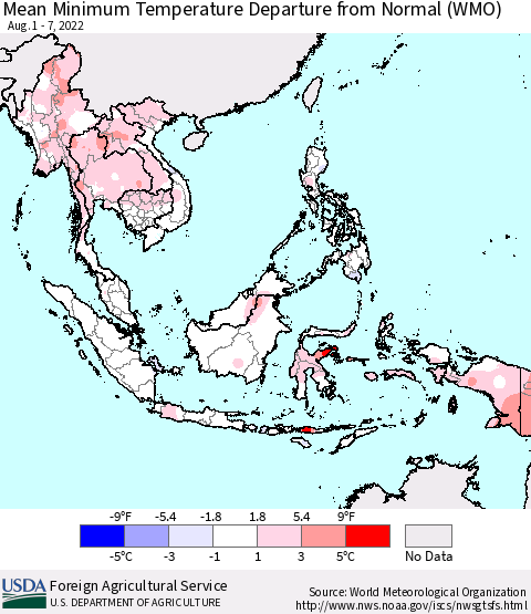 South East Asia Mean Minimum Temperature Departure from Normal (WMO) Thematic Map For 8/1/2022 - 8/7/2022