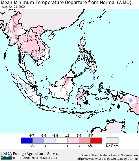 South East Asia Mean Minimum Temperature Departure from Normal (WMO) Thematic Map For 8/22/2022 - 8/28/2022