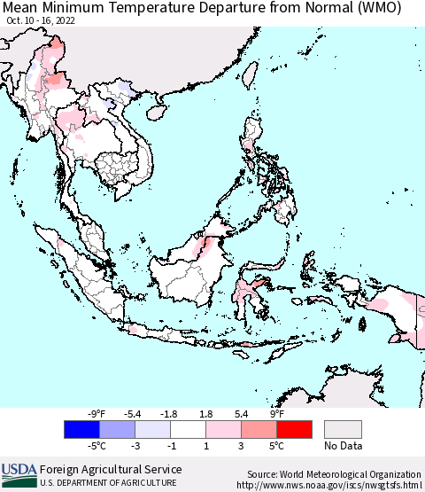 South East Asia Mean Minimum Temperature Departure from Normal (WMO) Thematic Map For 10/10/2022 - 10/16/2022