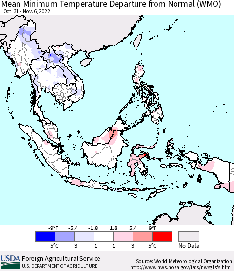 South East Asia Mean Minimum Temperature Departure from Normal (WMO) Thematic Map For 10/31/2022 - 11/6/2022