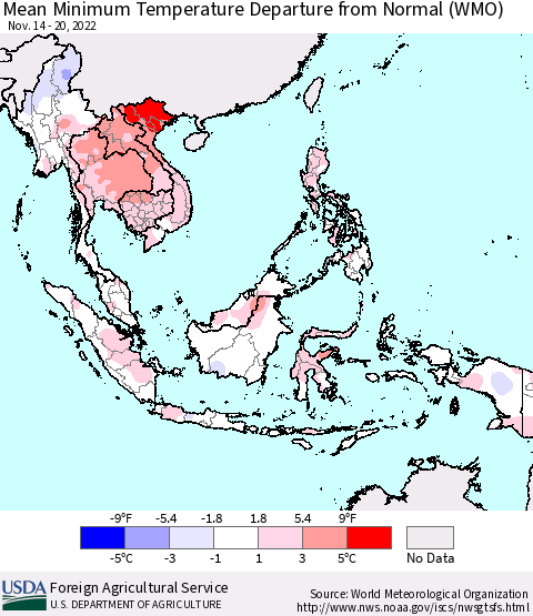 South East Asia Mean Minimum Temperature Departure from Normal (WMO) Thematic Map For 11/14/2022 - 11/20/2022
