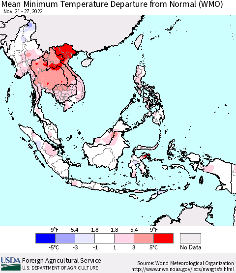 South East Asia Mean Minimum Temperature Departure from Normal (WMO) Thematic Map For 11/21/2022 - 11/27/2022