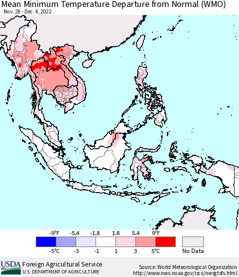 South East Asia Mean Minimum Temperature Departure from Normal (WMO) Thematic Map For 11/28/2022 - 12/4/2022