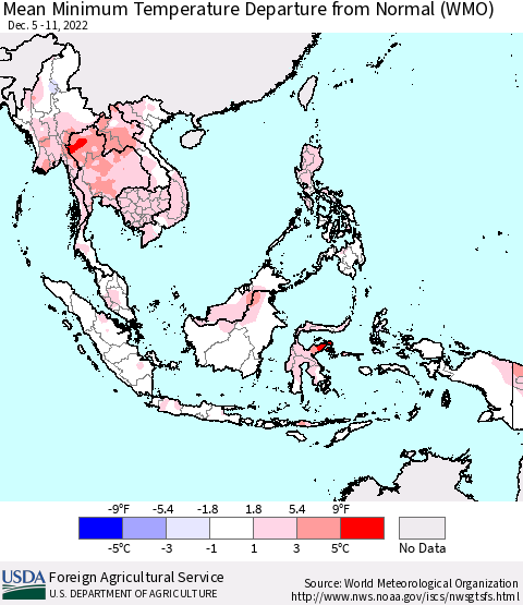 South East Asia Mean Minimum Temperature Departure from Normal (WMO) Thematic Map For 12/5/2022 - 12/11/2022