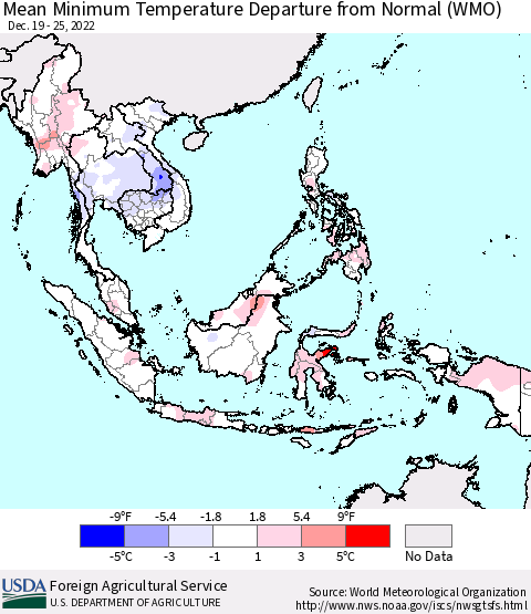 South East Asia Mean Minimum Temperature Departure from Normal (WMO) Thematic Map For 12/19/2022 - 12/25/2022