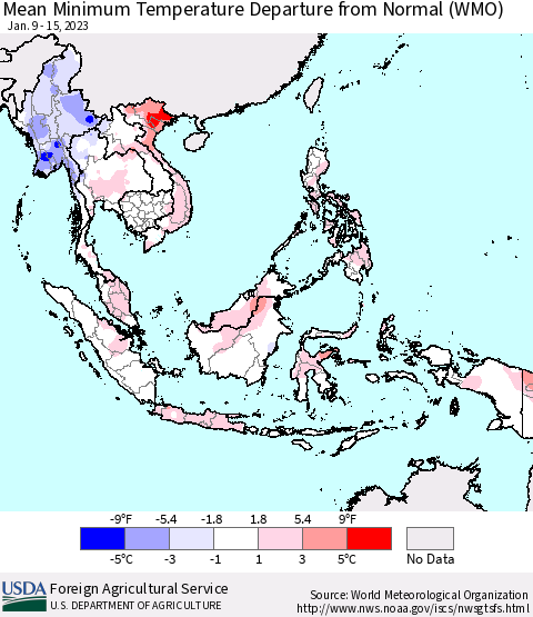 South East Asia Mean Minimum Temperature Departure from Normal (WMO) Thematic Map For 1/9/2023 - 1/15/2023