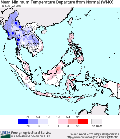 South East Asia Mean Minimum Temperature Departure from Normal (WMO) Thematic Map For 1/16/2023 - 1/22/2023
