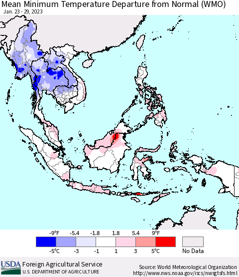 South East Asia Mean Minimum Temperature Departure from Normal (WMO) Thematic Map For 1/23/2023 - 1/29/2023