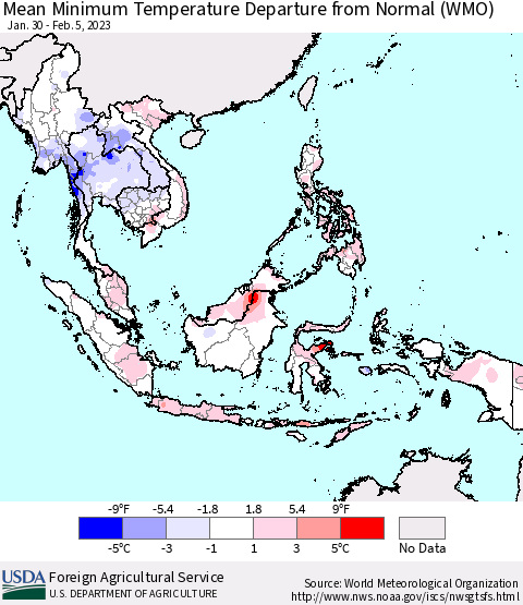 South East Asia Mean Minimum Temperature Departure from Normal (WMO) Thematic Map For 1/30/2023 - 2/5/2023
