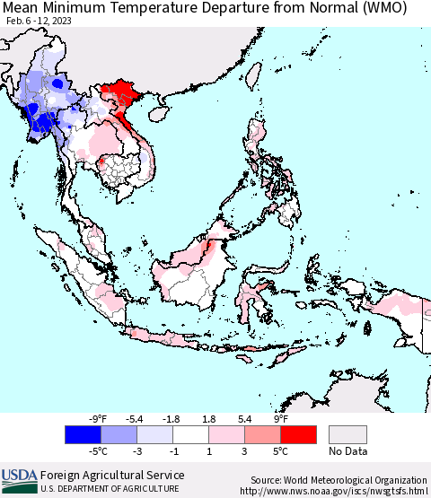 South East Asia Mean Minimum Temperature Departure from Normal (WMO) Thematic Map For 2/6/2023 - 2/12/2023