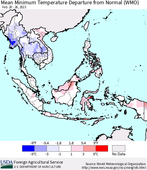 South East Asia Mean Minimum Temperature Departure from Normal (WMO) Thematic Map For 2/20/2023 - 2/26/2023