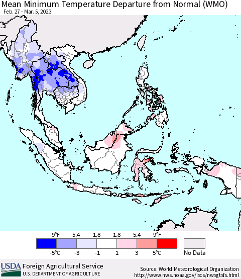 South East Asia Mean Minimum Temperature Departure from Normal (WMO) Thematic Map For 2/27/2023 - 3/5/2023