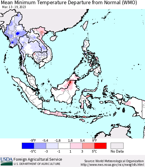South East Asia Mean Minimum Temperature Departure from Normal (WMO) Thematic Map For 3/13/2023 - 3/19/2023