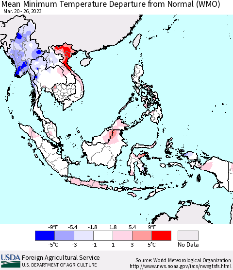 South East Asia Mean Minimum Temperature Departure from Normal (WMO) Thematic Map For 3/20/2023 - 3/26/2023