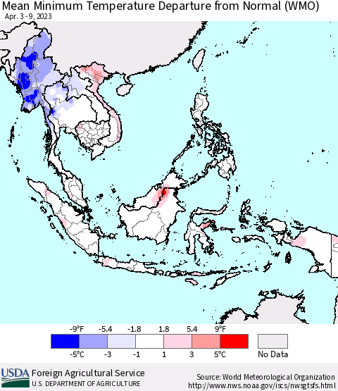 South East Asia Mean Minimum Temperature Departure from Normal (WMO) Thematic Map For 4/3/2023 - 4/9/2023
