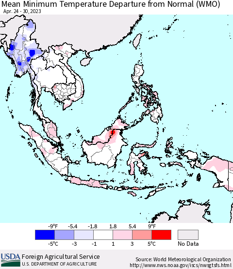 South East Asia Mean Minimum Temperature Departure from Normal (WMO) Thematic Map For 4/24/2023 - 4/30/2023