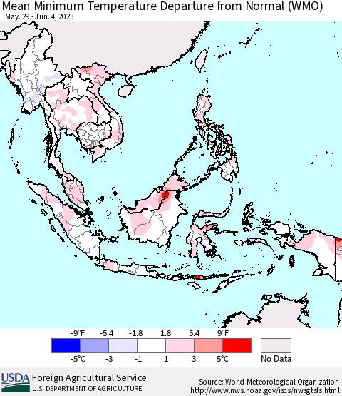 South East Asia Mean Minimum Temperature Departure from Normal (WMO) Thematic Map For 5/29/2023 - 6/4/2023