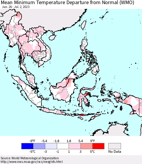South East Asia Mean Minimum Temperature Departure from Normal (WMO) Thematic Map For 6/26/2023 - 7/2/2023