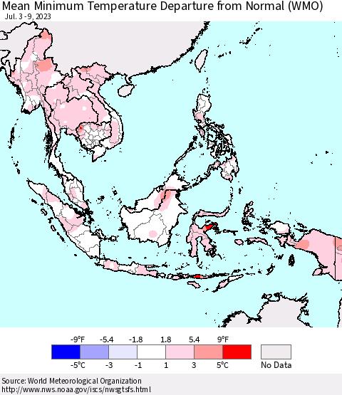South East Asia Mean Minimum Temperature Departure from Normal (WMO) Thematic Map For 7/3/2023 - 7/9/2023