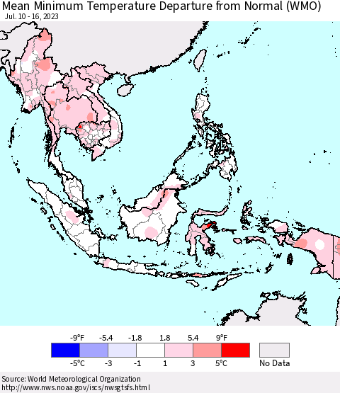 South East Asia Mean Minimum Temperature Departure from Normal (WMO) Thematic Map For 7/10/2023 - 7/16/2023