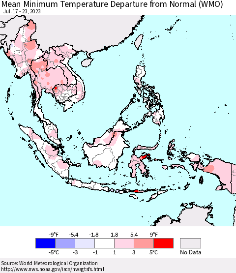 South East Asia Mean Minimum Temperature Departure from Normal (WMO) Thematic Map For 7/17/2023 - 7/23/2023