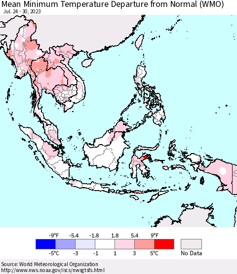 South East Asia Mean Minimum Temperature Departure from Normal (WMO) Thematic Map For 7/24/2023 - 7/30/2023