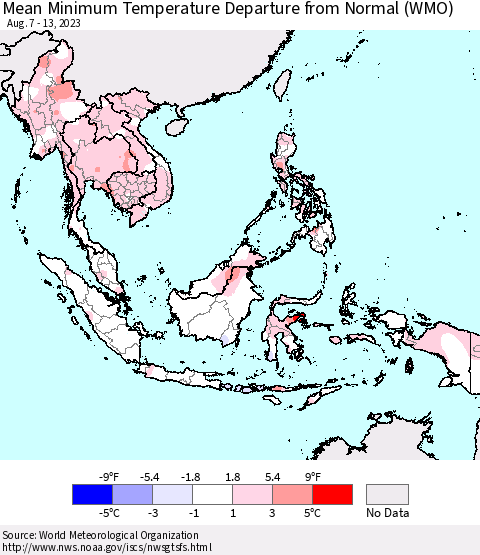 South East Asia Mean Minimum Temperature Departure from Normal (WMO) Thematic Map For 8/7/2023 - 8/13/2023