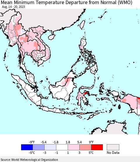 South East Asia Mean Minimum Temperature Departure from Normal (WMO) Thematic Map For 8/14/2023 - 8/20/2023