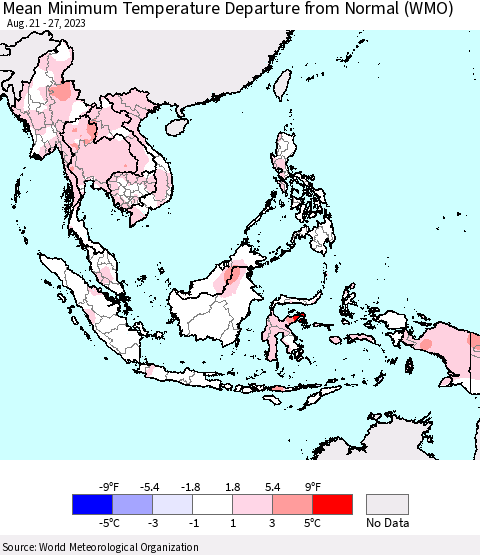 South East Asia Mean Minimum Temperature Departure from Normal (WMO) Thematic Map For 8/21/2023 - 8/27/2023