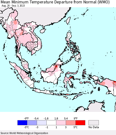 South East Asia Mean Minimum Temperature Departure from Normal (WMO) Thematic Map For 8/28/2023 - 9/3/2023
