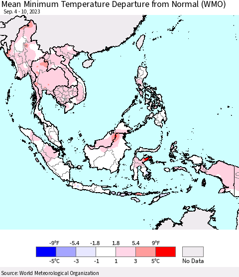 South East Asia Mean Minimum Temperature Departure from Normal (WMO) Thematic Map For 9/4/2023 - 9/10/2023