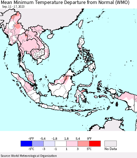 South East Asia Mean Minimum Temperature Departure from Normal (WMO) Thematic Map For 9/11/2023 - 9/17/2023
