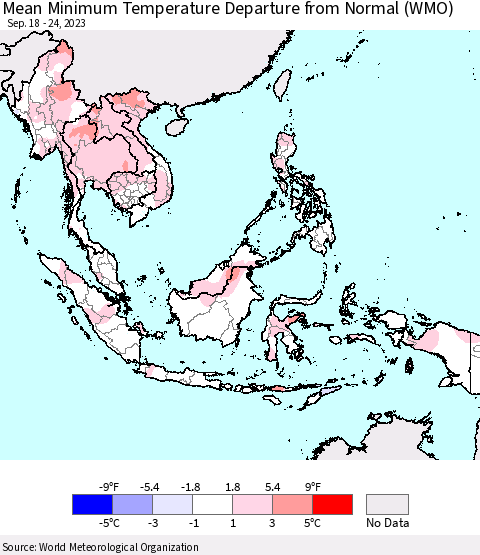 South East Asia Mean Minimum Temperature Departure from Normal (WMO) Thematic Map For 9/18/2023 - 9/24/2023