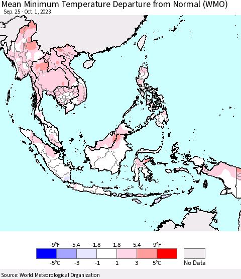 South East Asia Mean Minimum Temperature Departure from Normal (WMO) Thematic Map For 9/25/2023 - 10/1/2023