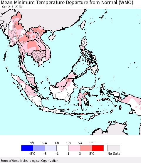 South East Asia Mean Minimum Temperature Departure from Normal (WMO) Thematic Map For 10/2/2023 - 10/8/2023