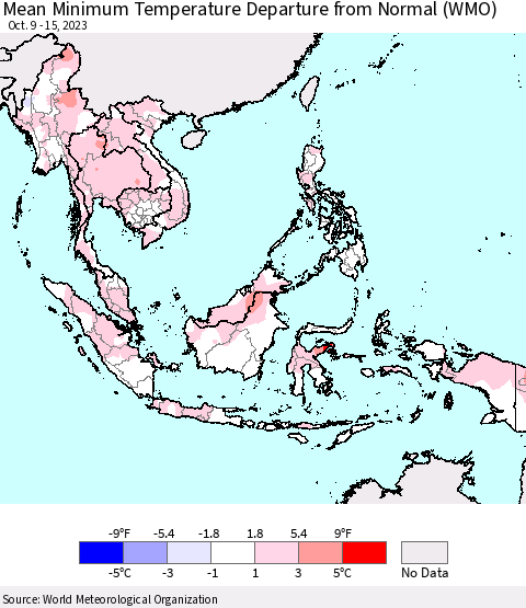 South East Asia Mean Minimum Temperature Departure from Normal (WMO) Thematic Map For 10/9/2023 - 10/15/2023