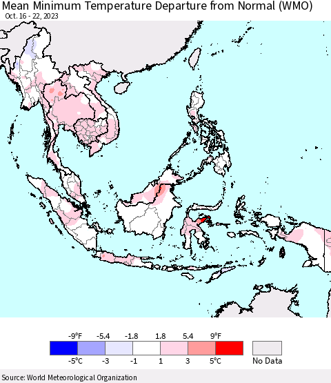 South East Asia Mean Minimum Temperature Departure from Normal (WMO) Thematic Map For 10/16/2023 - 10/22/2023