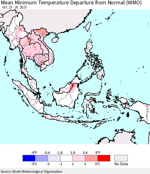 South East Asia Mean Minimum Temperature Departure from Normal (WMO) Thematic Map For 10/23/2023 - 10/29/2023