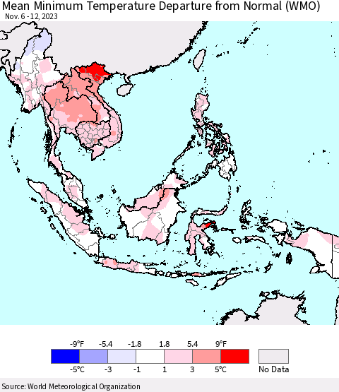 South East Asia Mean Minimum Temperature Departure from Normal (WMO) Thematic Map For 11/6/2023 - 11/12/2023