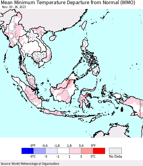 South East Asia Mean Minimum Temperature Departure from Normal (WMO) Thematic Map For 11/20/2023 - 11/26/2023