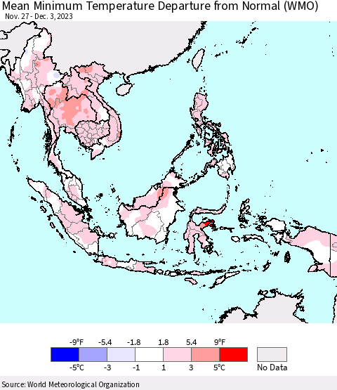 South East Asia Mean Minimum Temperature Departure from Normal (WMO) Thematic Map For 11/27/2023 - 12/3/2023