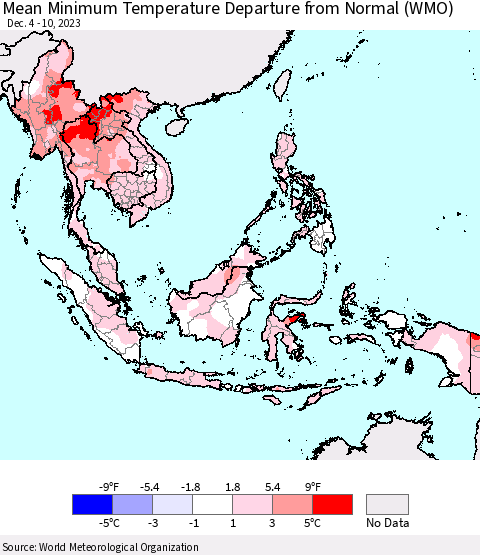 South East Asia Mean Minimum Temperature Departure from Normal (WMO) Thematic Map For 12/4/2023 - 12/10/2023